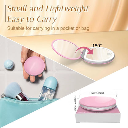 Compact Mirror with Light, 1X/3X Magnification LED Pocket Mirror with USB Data Cable, Pink Mini Mirror for Purse, Pocket,Travel