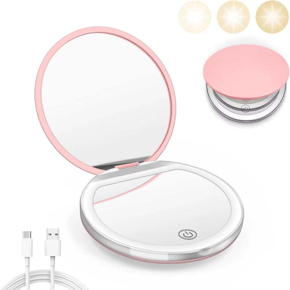 Compact Mirror with Light, 1X/3X Magnification LED Pocket Mirror with USB Data Cable, Pink Mini Mirror for Purse, Pocket,Travel